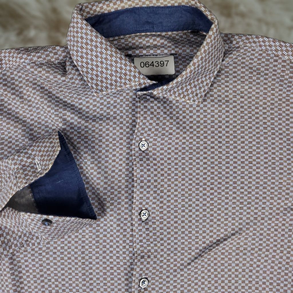 BUGATCHI Bugatchi Uomo Shirt Mens Large Brown Blue Check Stretch Button Up Long Sleeve Size US L / EU 52-54 / 3 - 1 Thumbnail