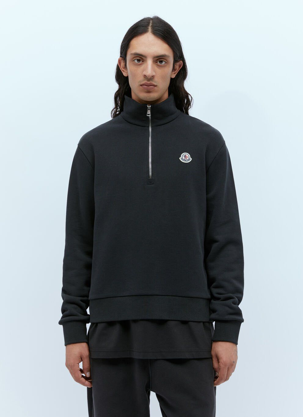 image of Moncler Logo Patch Half-Zip Sweatshirt in Black, Men's (Size XL)