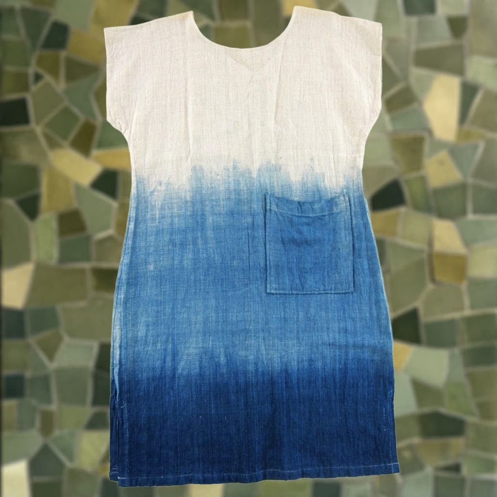 Vintage VINTAGE Woven Raw Cotton Ivory Blue Dyed Short Sleeve Tunic Oversize Dress M Size 32" / US 10 / IT 46 - 1 Thumbnail