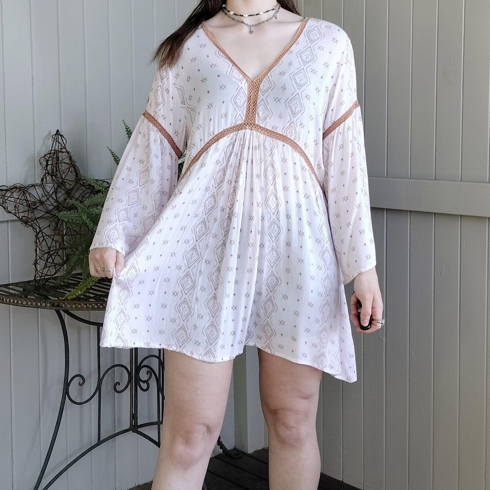 Designer Talisman Dress Tunic Pleated Bell Sleeve Shift Hippie Summer Size XL / US 12-14 / IT 48-50 - 3 Thumbnail