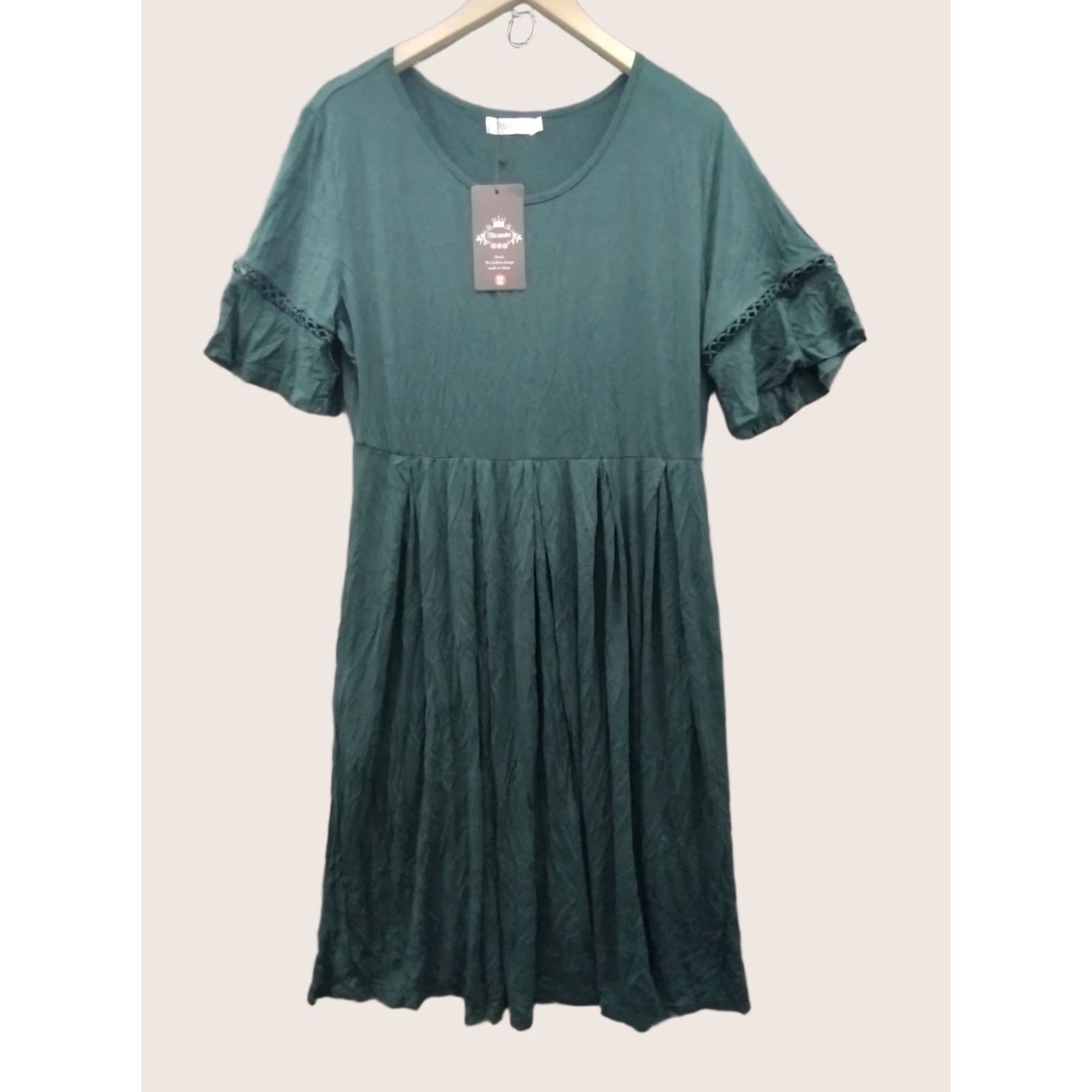 Vintage Kojooin Women's XL Dress Green Short Sleeve Midi Tiered Boat Neck Dress Size 40" / US 18 - 1 Thumbnail