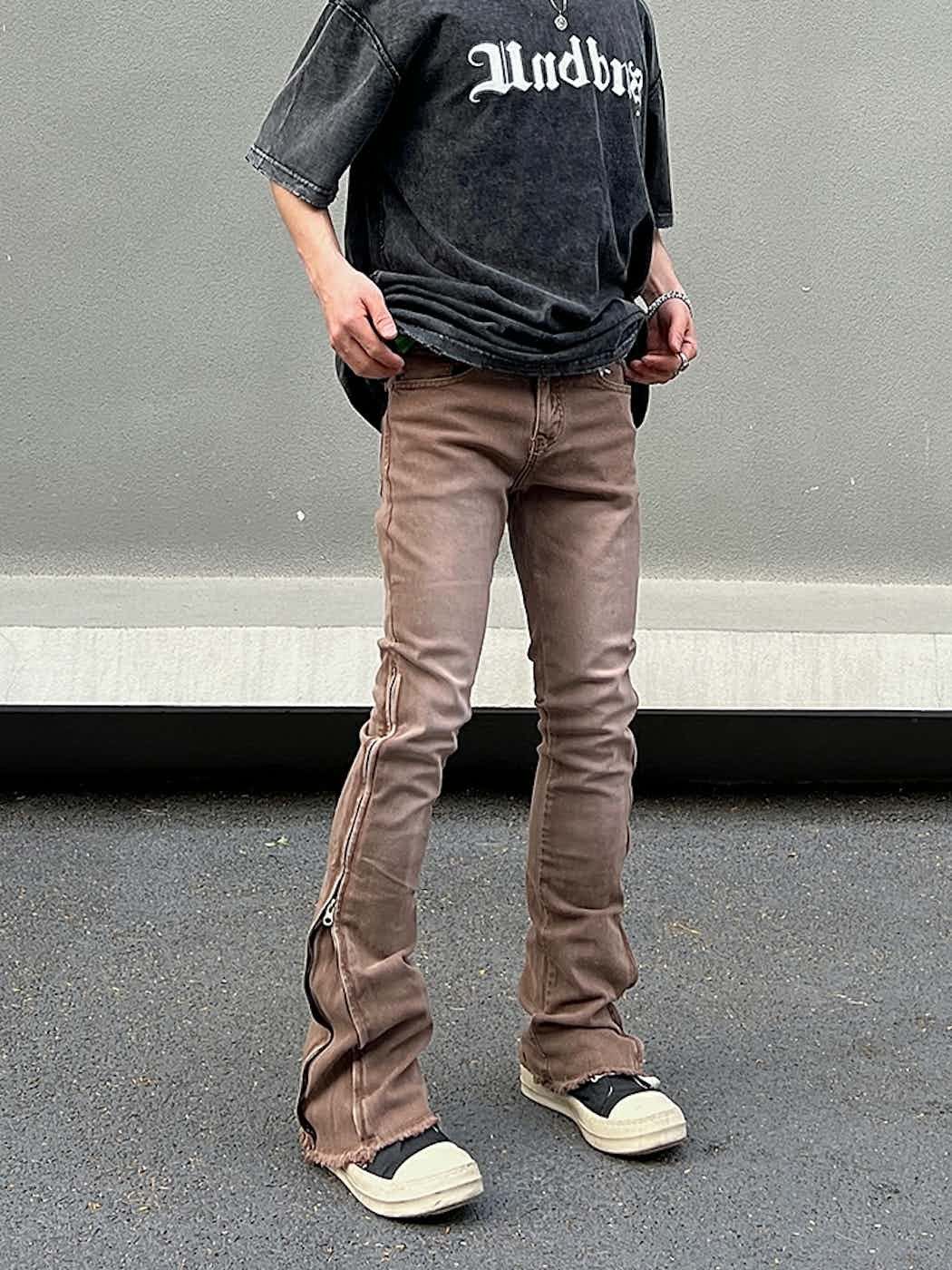 distressed faded zipper grunge flared jeans