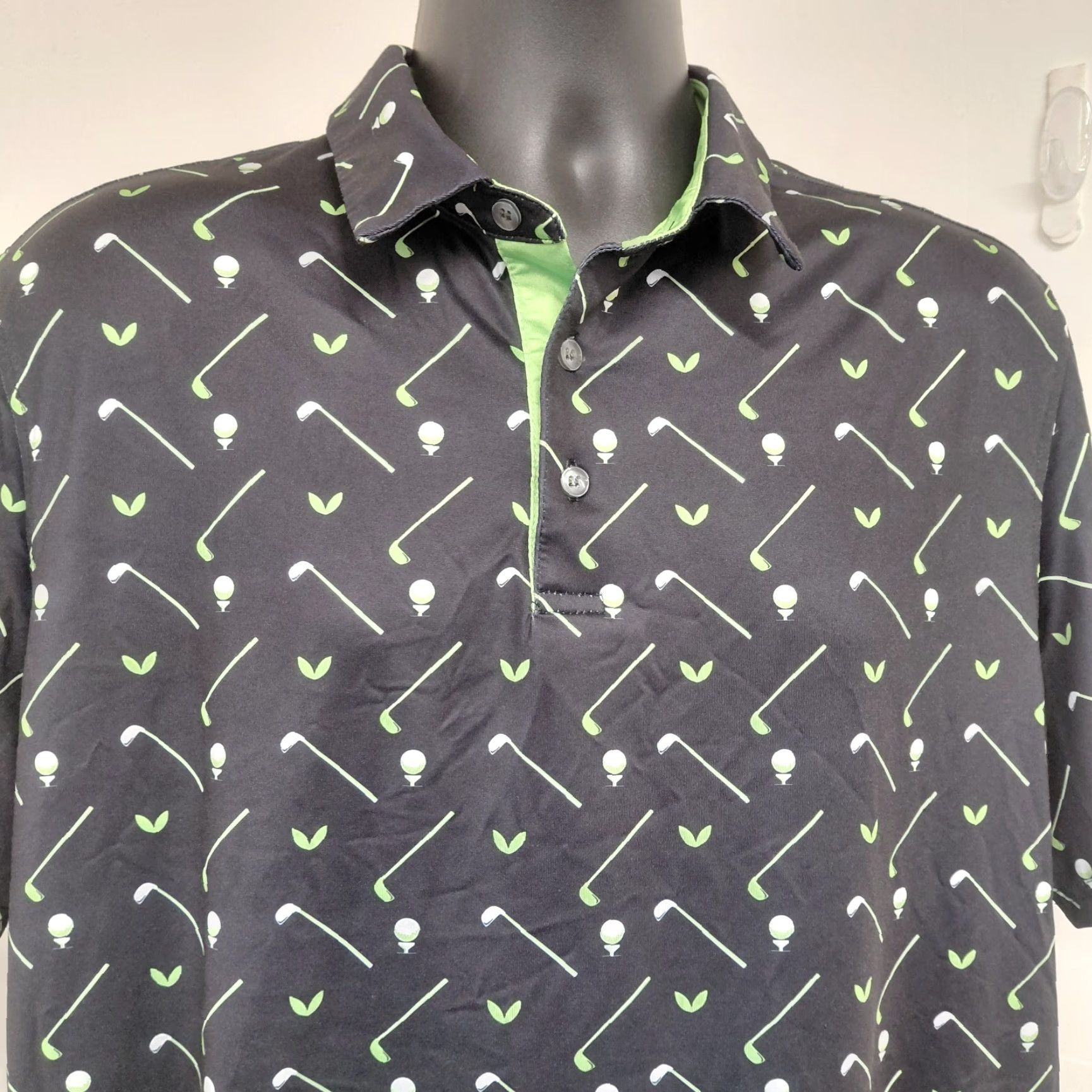 Vintage SR Speed Your Run Composition Golf Polo Mens XL Black All Over Print Clubs/Balls Short Sleeve Polo Size US XL / EU 56 / 4 - 4 Thumbnail