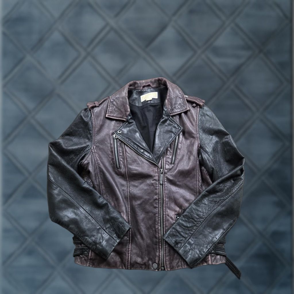 Michael Kors Michael Kors Leather Moto Jacket Womens S Burgundy Black Biker Zip Short Collared Lined Pockets Zipper Size S / US 4 / IT 40 - 1 Thumbnail