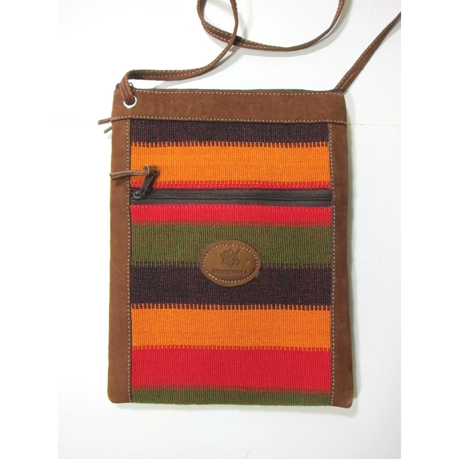 Vintage Guatemala Brown Leather Green Purple Orange Red Textile Crossbody Travel Purse - like new condition - 24" strap drop - 7" width - 9 2/8" depth Size ONE SIZE - 2 Thumbnail