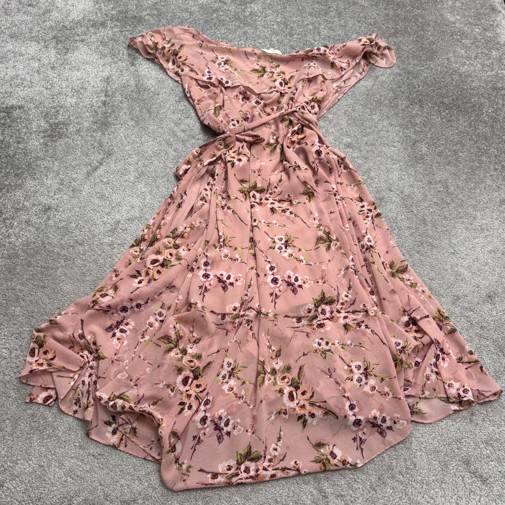 Vintage WAYF Dress Womens Midi Floral Wrap Ruffle Pink Hi-Low Short Sleeve Bohemian L Pink Womens Size L / US 10 / IT 46 - 2 Thumbnail