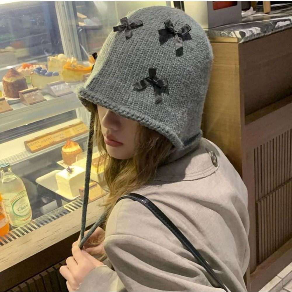 Other New Gray Knit Bucket Hat With Black Bows and Ties Size ONE SIZE - 2 Thumbnail