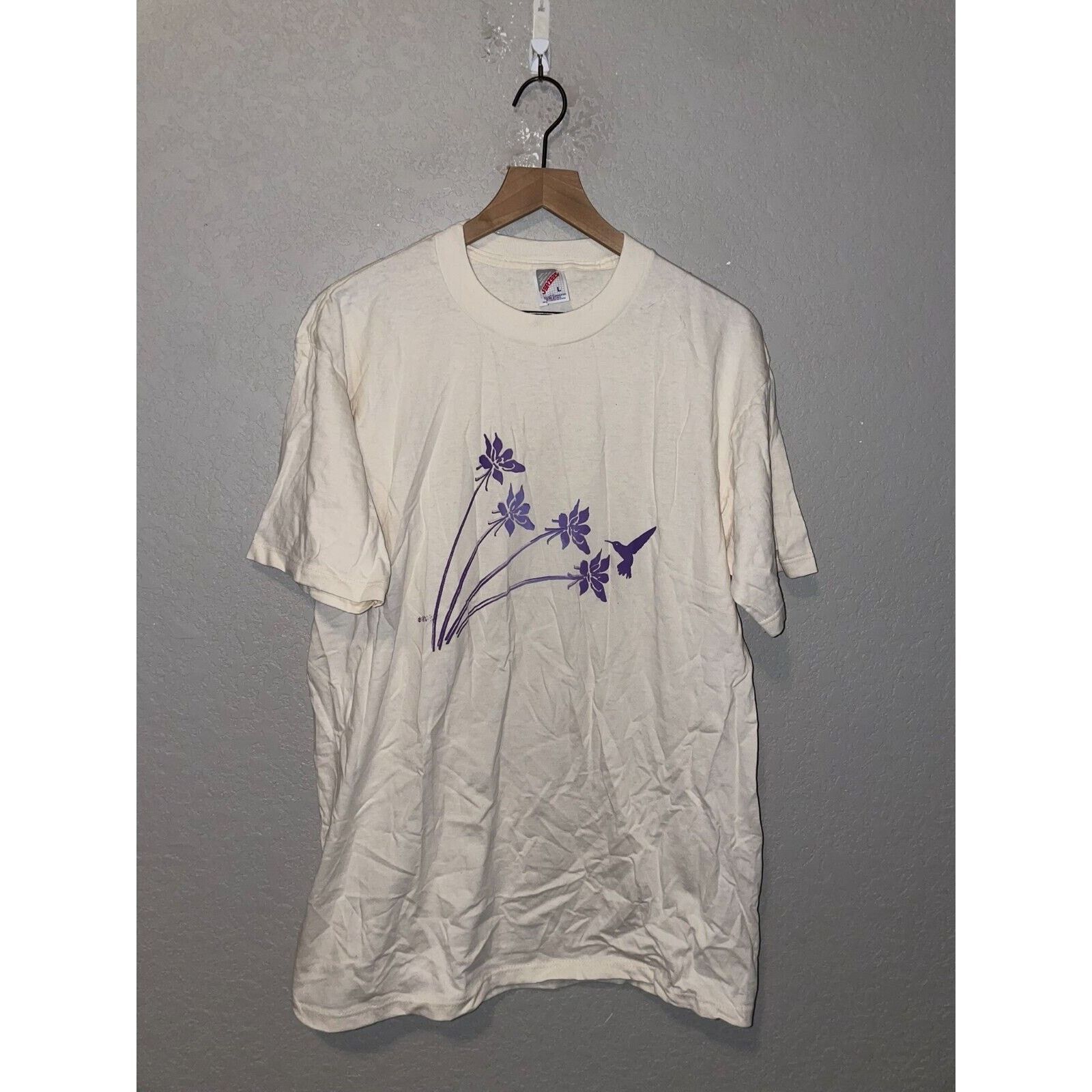 Jerzees Vintage Flower Shirt Floral Hummingbird Print Cream L Tee Size US L / EU 52-54 / 3 - 1 Thumbnail