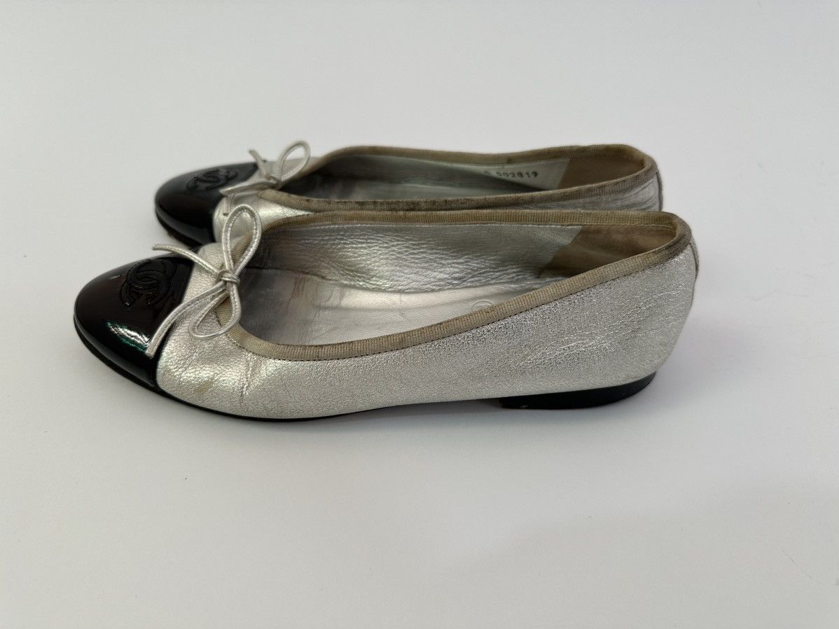 Chanel 💗Chanel Silver/Black💗Patent Leather, Leather Bow CC Cap Toe Size US 6.5 / IT 36.5 - 8 Thumbnail