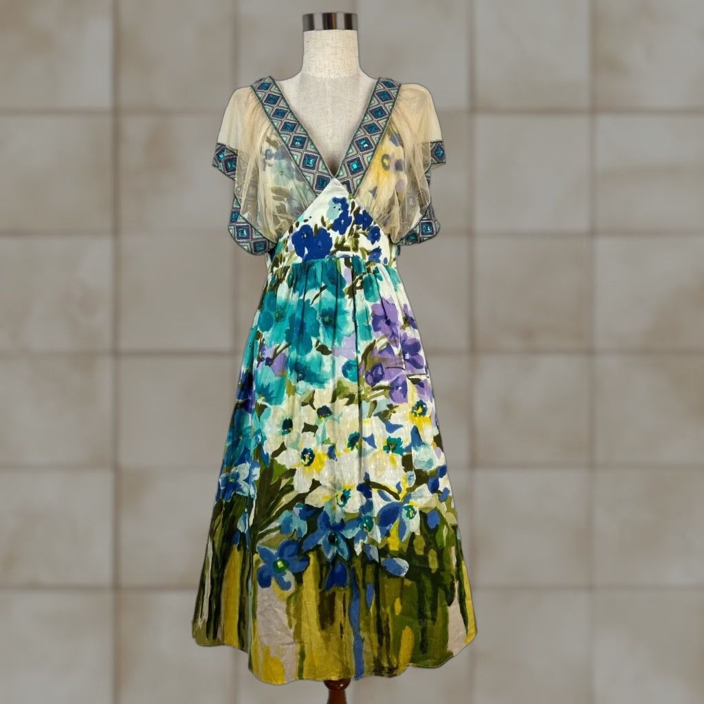 VINTAGE Monique Leshman Blue Watercolor Floral Dress Hand Embroidered  Beaded Medium