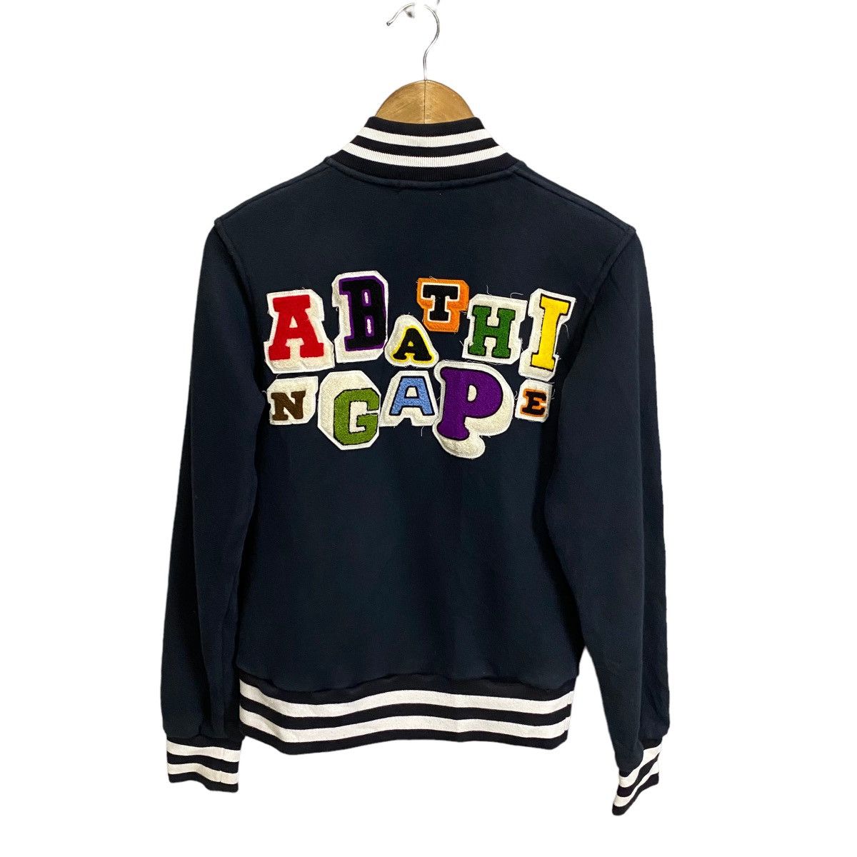 image of Bape Multi Fonts Sweat Varsity Jacket in Navy, Women's (Size Small)