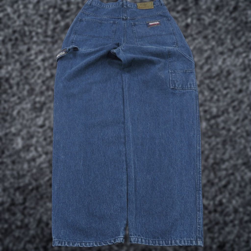 VINTAGE Nautica Baggy Jeans Men 32 Y2K Skater Grunge Pipes Carpenter Leg Opening 90s 5-Pocket Denim Blue Jeans Mens