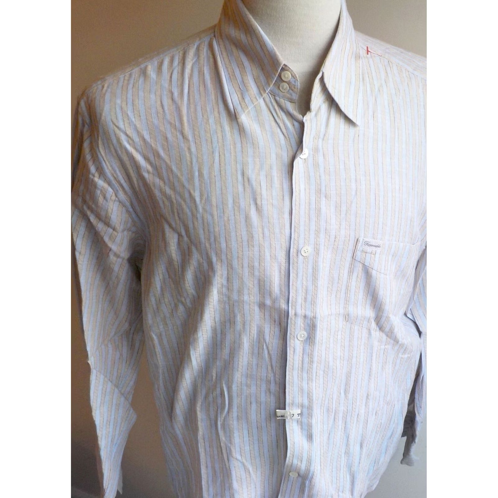 Faconnable FACONNABLE Button-Front Shirt Blue/Beige Striped Cotton/Linen M Adult Medium Size US M / EU 48-50 / 2 - 2 Thumbnail
