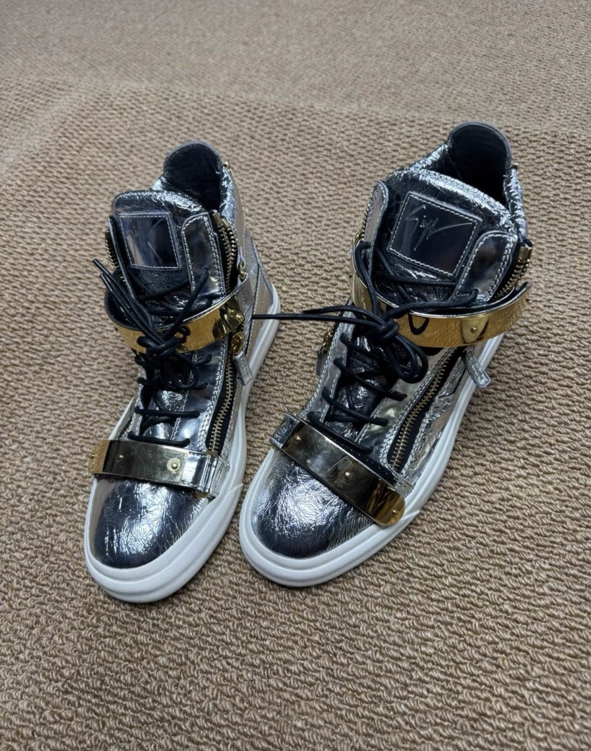 Giuseppe Zanotti Giuseppe Zanotti Silver Foil High Tops with Gold Buckle K37 Size US 8.5 / EU 41-42 - 3 Thumbnail