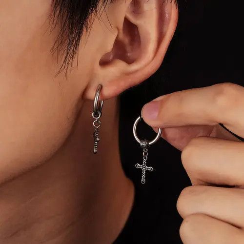 Jewelry Silver Cross Dangle Hoop Earrings, Men's Gothic Jewelry Size ONE SIZE - 2 Thumbnail