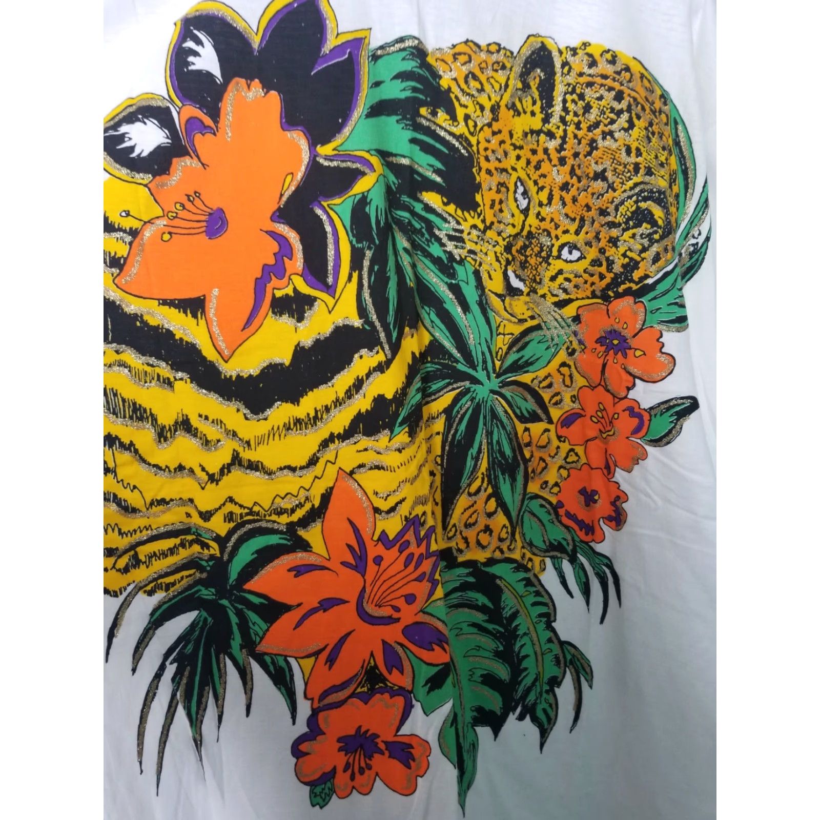 Vintage VINTAGE 80s Mens XL Jaguar Cheetah Tropical Floral Glitter T Shirt Single Stitch Pro Ace Size US XL / EU 56 / 4 - 2 Thumbnail