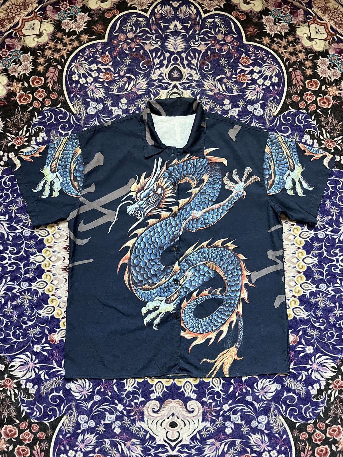 Vintage Dragon Print Sukajan Y2K Japanese Button Up