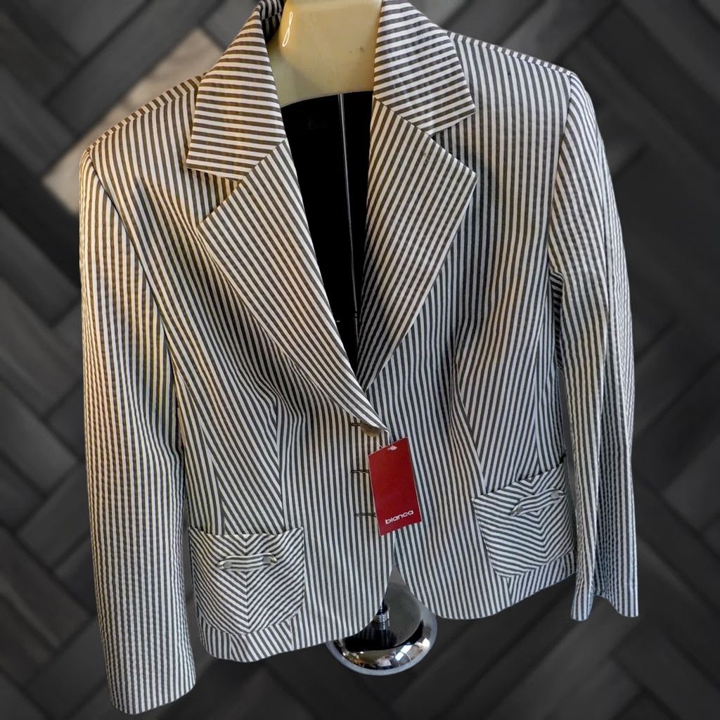 Vintage BIANCA Blazer Striped 3 Button Green/Ivory Cotton Blend SZ 12 NWT Womens Shirt Jacket Blazer Size XL / US 12-14 / IT 48-50 - 1 Thumbnail