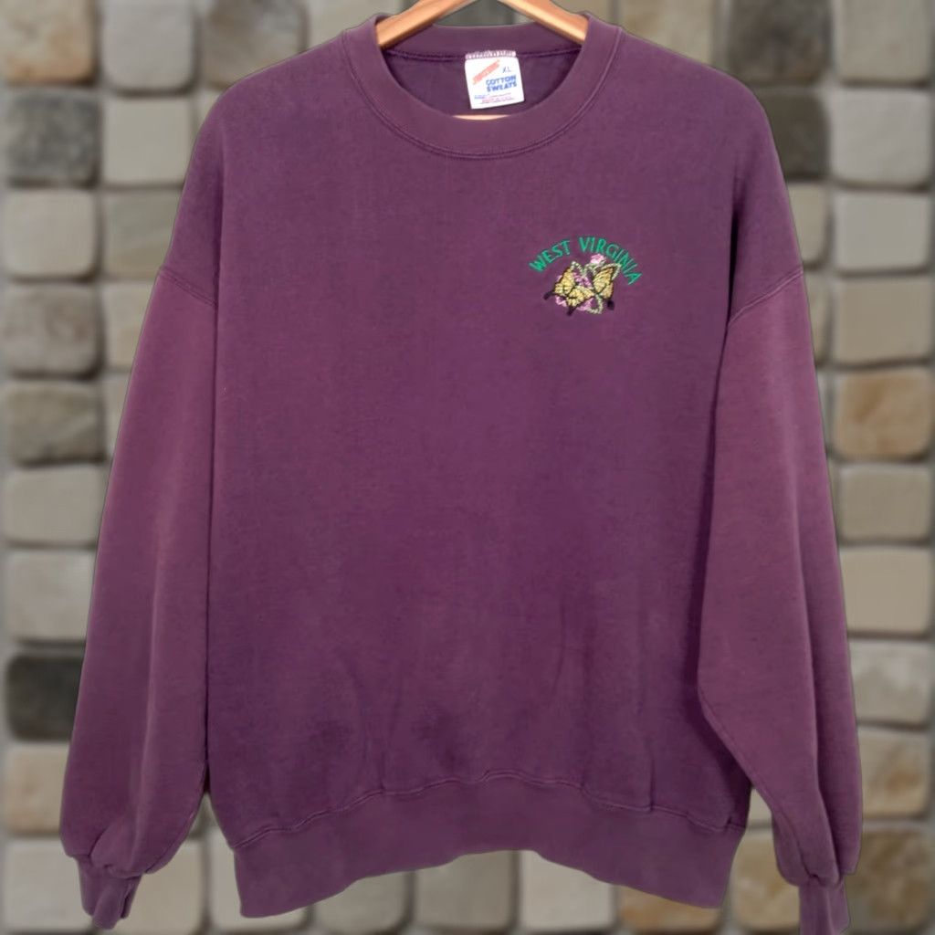 Jerzees VINTAGE Jerzees West Virginia Sweatshirt XL Purple Pullover Cotton Butterfly Nature Mens Size US XL / EU 56 / 4 - 1 Thumbnail