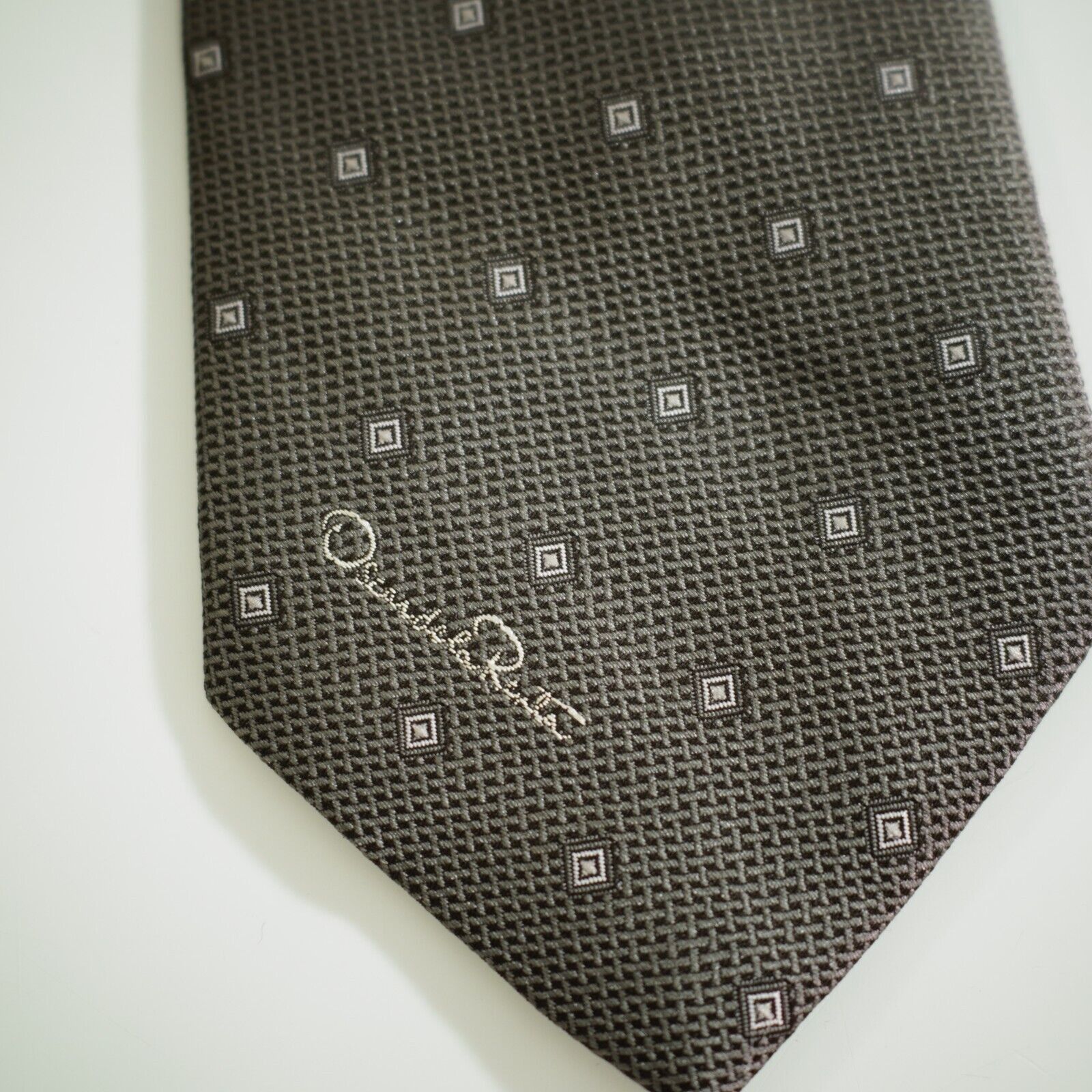Oscar De La Renta Oscar De La Renta Beige Brown Geometric Woven Short Silk Tie Size ONE SIZE - 2 Thumbnail
