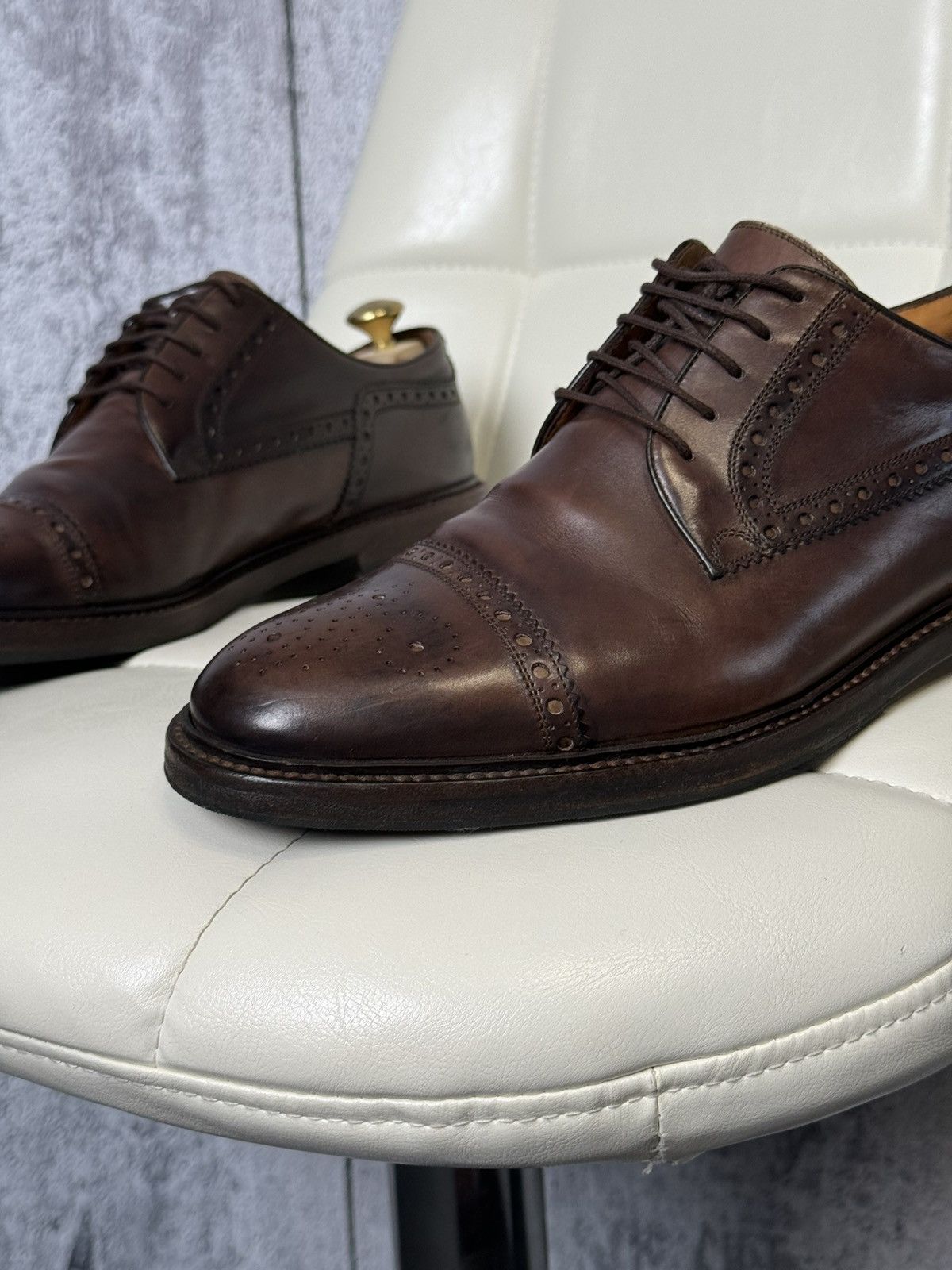 Gucci Gucci Men's Brown Leather Cap-Toe Semi-Brogue Derby Shoes Size US 10.5 / EU 43-44 - 3 Thumbnail