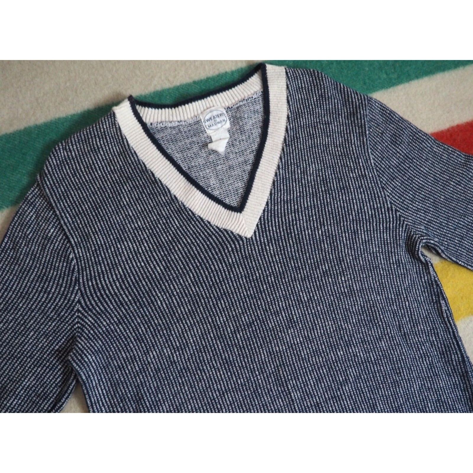 Vintage VTG Madman V-Neck Cotton Knit Sweater Pullover Mens M Blue 80s 70s Ivy Prep Check Embroidered Vintage Style Size US M / EU 48-50 / 2 - 2 Thumbnail