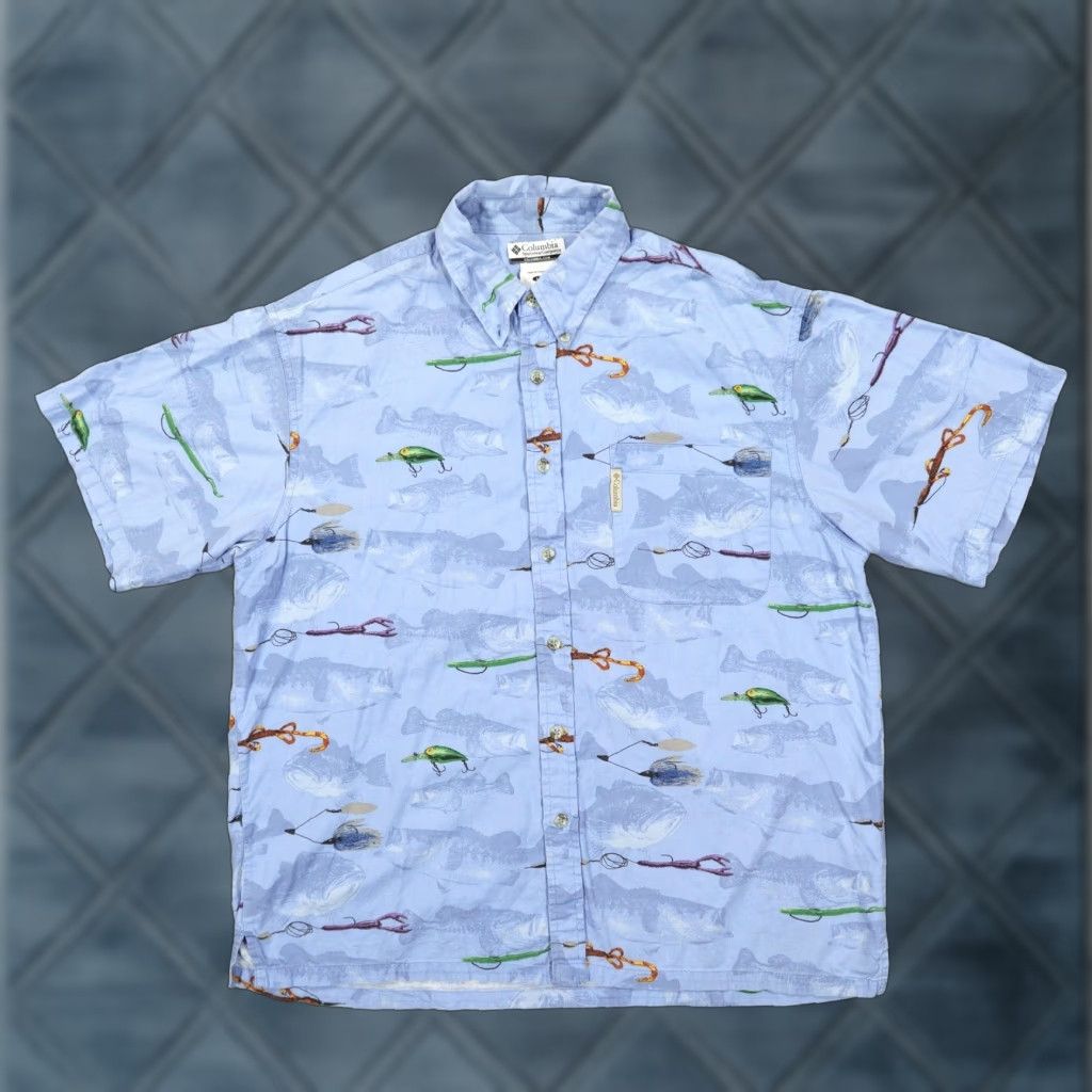 Vintage Columbia Shirt Mens Large Blue Short Sleeve Button Down Fishing Lure Pattern Size US L / EU 52-54 / 3 - 1 Thumbnail