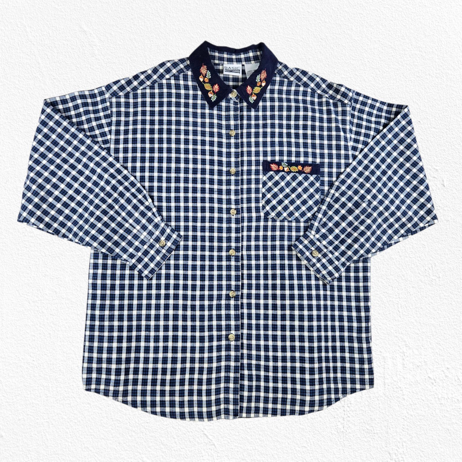 Basic Editions Y2K Fall Embroidered Gingham Shirt Navy Plaid Size Large Size L / US 10 / IT 46 - 2 Thumbnail