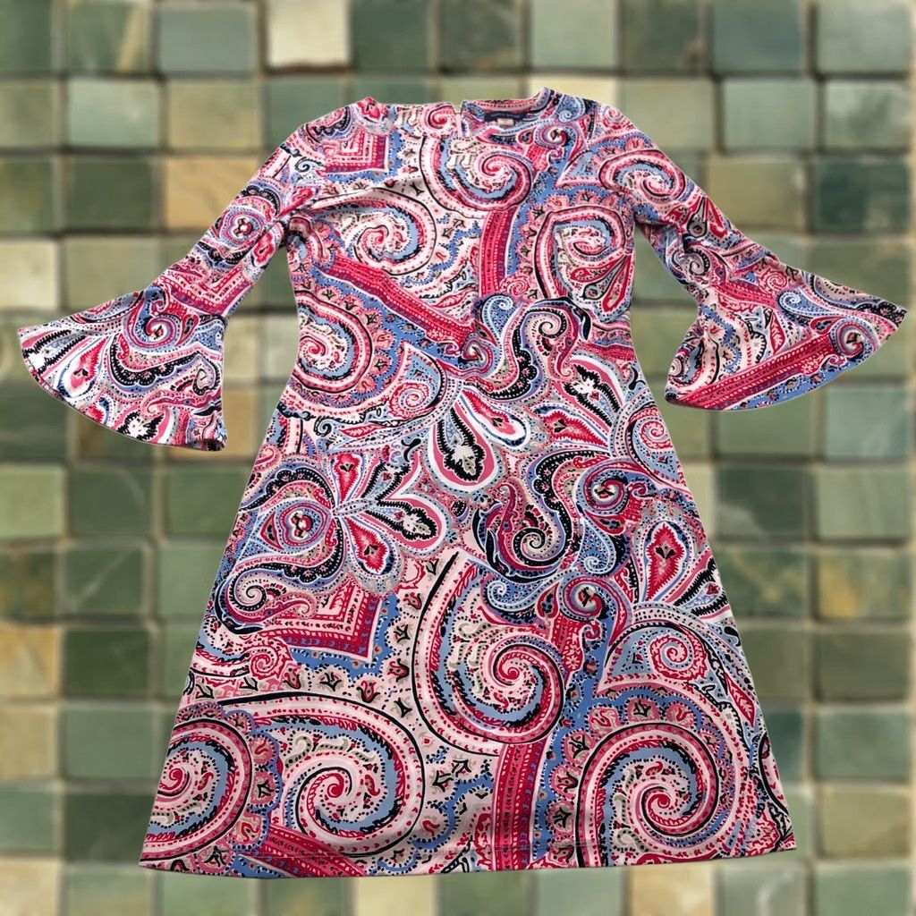 Tommy Hilfiger Tommy Hilfiger Dress Paisley Pink Bell Sleeve Boat Neck Mini Sheath Above Knee Size XS / US 0-2 / IT 36-38 - 1 Thumbnail