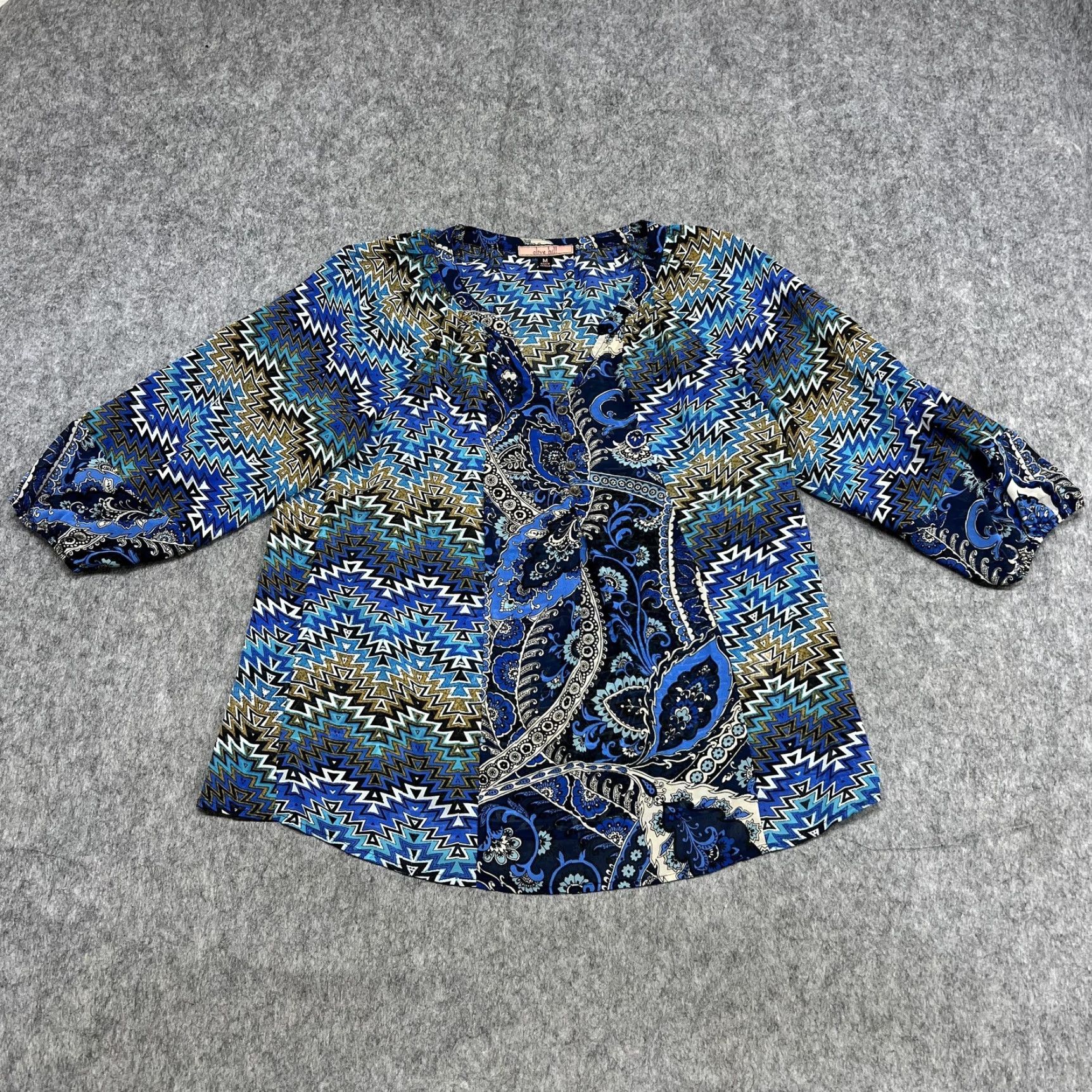 Vintage Olive Hill Blouse Womens M Blue Paisley Chevron V-Neck 3/4 Sleeve Tunic Top Size M / US 6-8 / IT 42-44 - 2 Thumbnail
