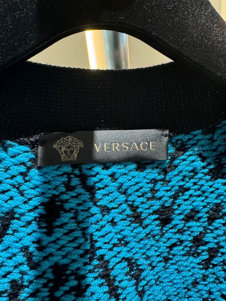 Versace Versace Blue and black patterned long wool cardigan button Size L / US 10 / IT 46 - 5 Thumbnail