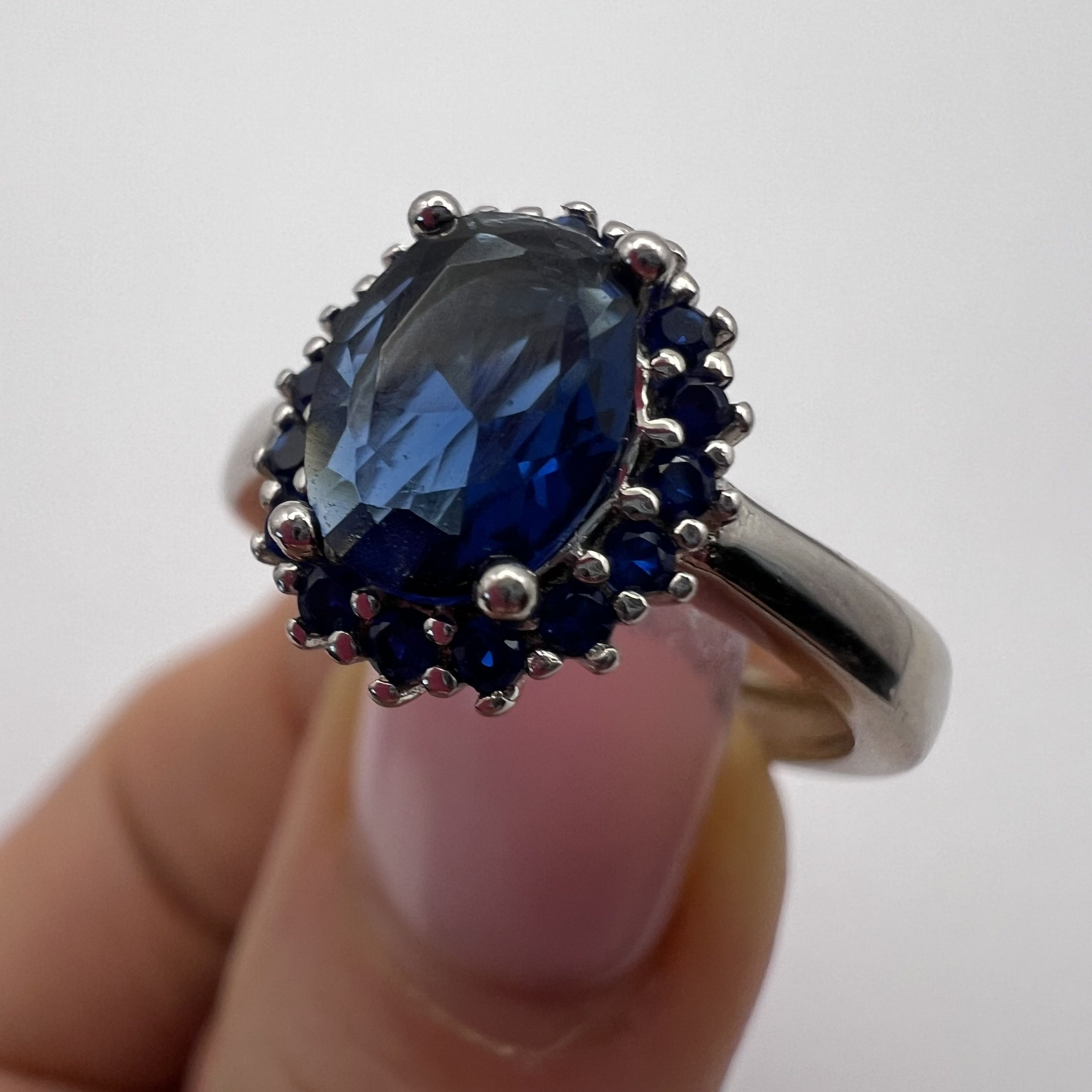 Sterling Silver 925 Sterling Silver Blue Sapphire Ring with Halo Stones Size ONE SIZE - 8 Thumbnail