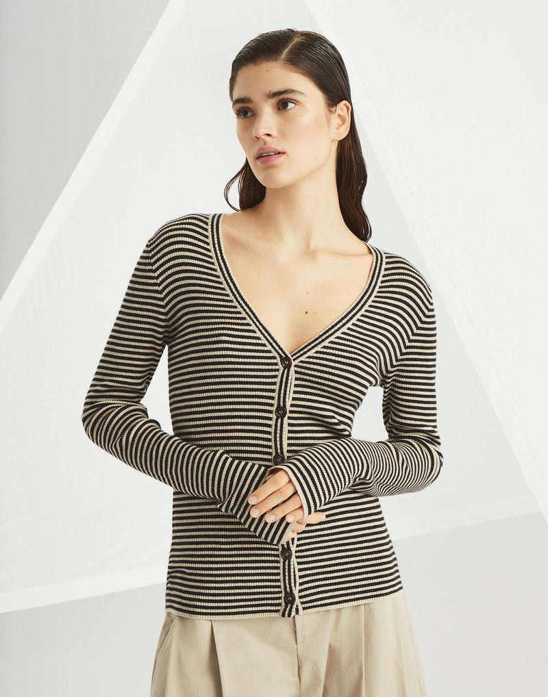 Brunello Cucinelli o1la1rc1a0326 Striped Sparkling Cashmere Cardigan Size L / US 10 / IT 46 - 1 Thumbnail
