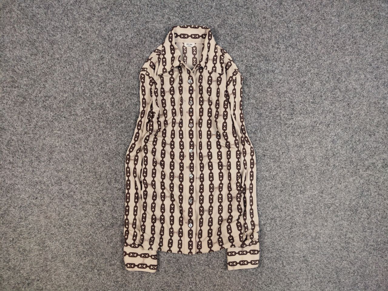 image of Vintage 70's Celine Pure Silk Monogram Logo Blouse Shirt in Beige Brown, Women's (Size Medium)