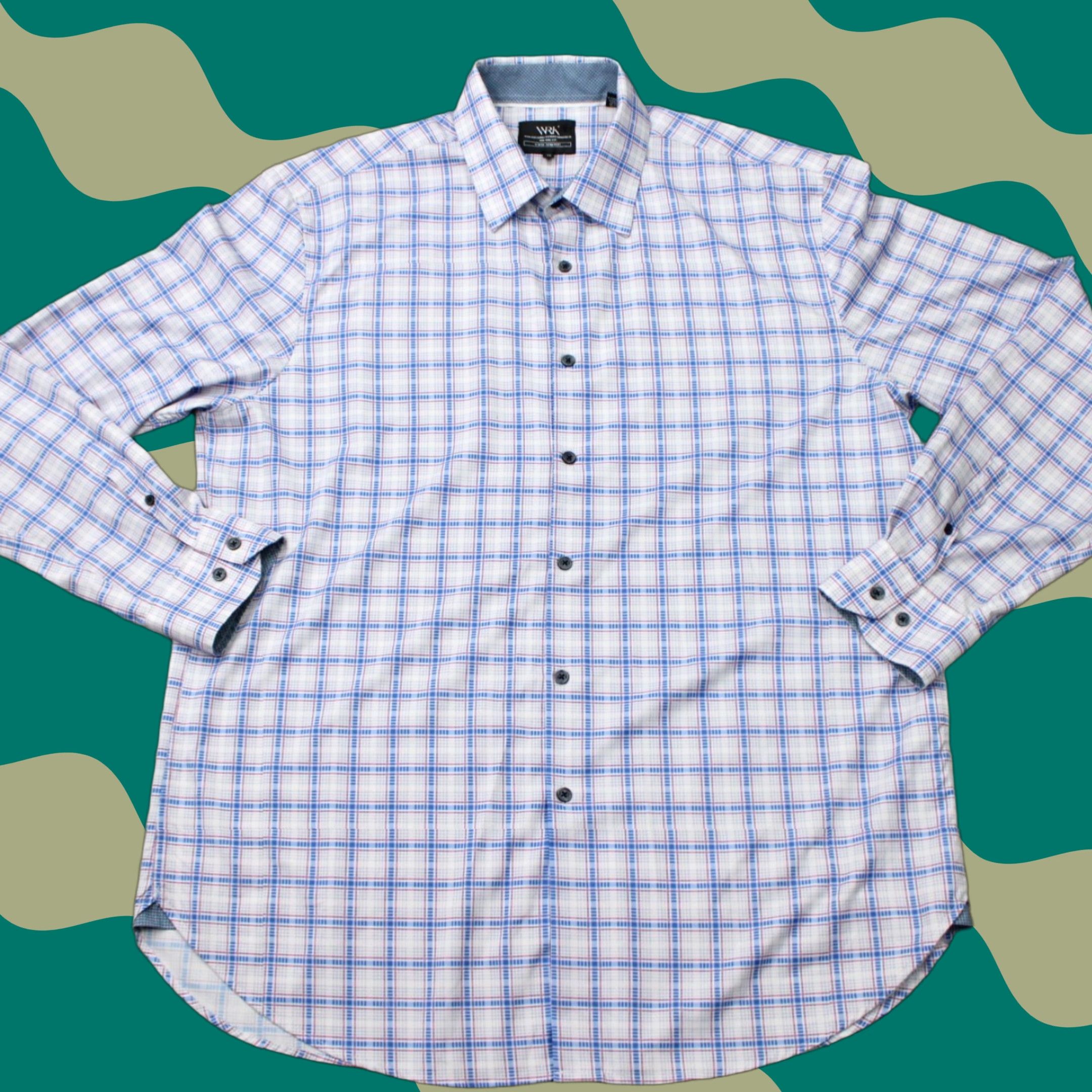 Vintage WRK Dress Shirt Men 18 Gray/Blue 4-Way Stretch L/S Button Collar/Spread Clean, Casual, Formal VintageNo (note: "Vintage" not applicable) Size 48R - 1 Thumbnail