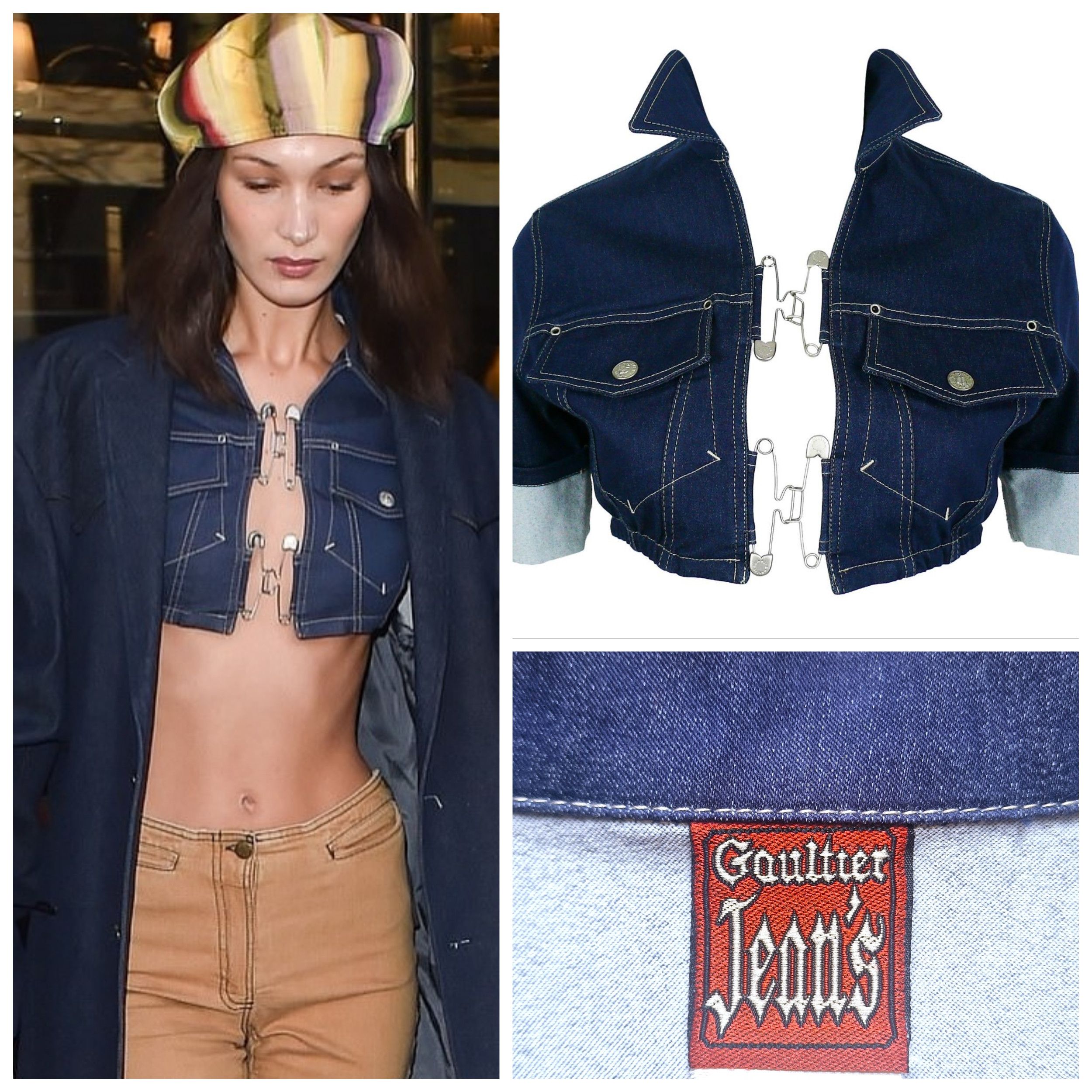 image of Jean Paul Gaultier Safety Pin Clips Bella Hadid Crop Tee Top in Blue, Women's (Size Large)
