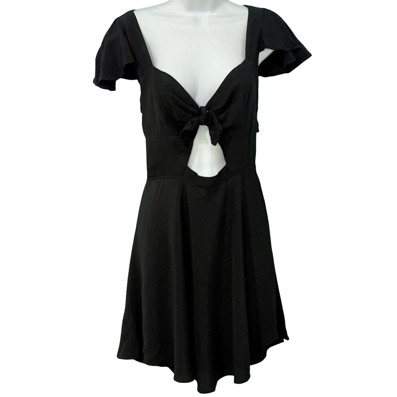 Reformation Black Cut Out Tie Mini Flutter Sleeve Dress
