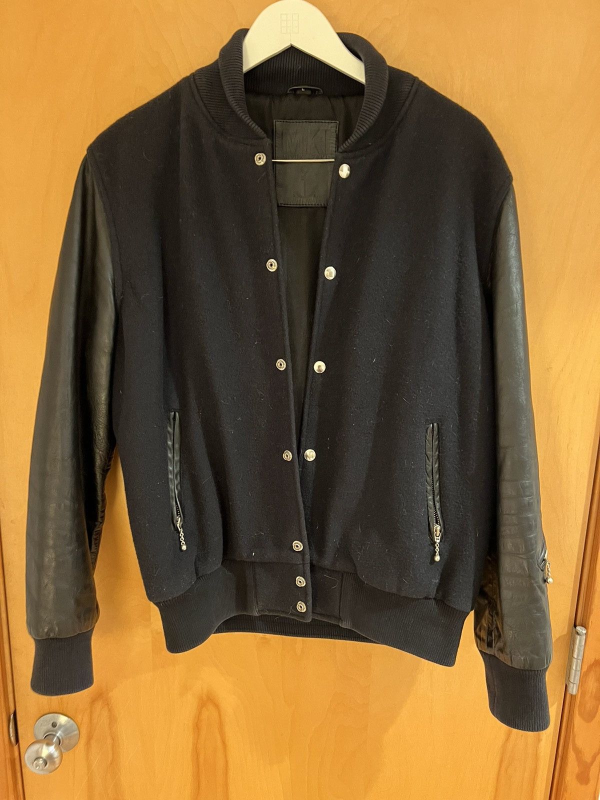 Mki Miyuki Zoku MKI Blue Black Wool Leather Bomber Jacket Size US L / EU 52-54 / 3 - 1 Thumbnail