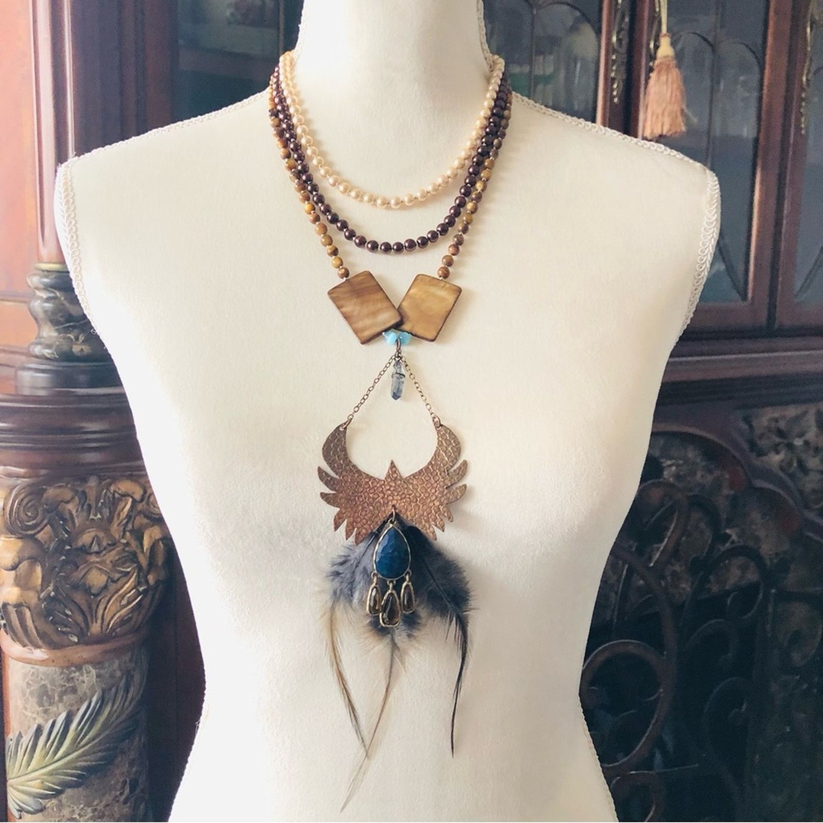 Jewelry Handcrafted copper eagle Czech Pearl tiger eye necklace Size ONE SIZE - 3 Thumbnail