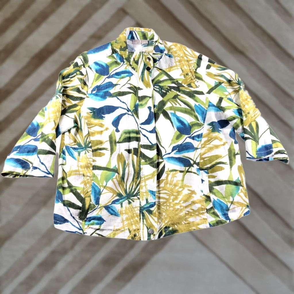 Vintage Chico's Chicos Tropical Leaf Print Linen Blend Jacket Green Blue White Sz 20W NWT Shorts Sleeve Floral Plus Size Womens Jacket Size 3XL / US 20-22 - 1 Thumbnail