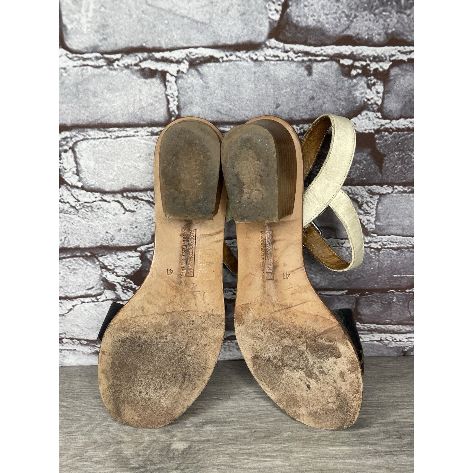 Alberto ALBERTO FERMANI Black Ivory Leather Ankle Strap Heel Sandals Size US 10.5 / IT 40.5 - 6 Thumbnail