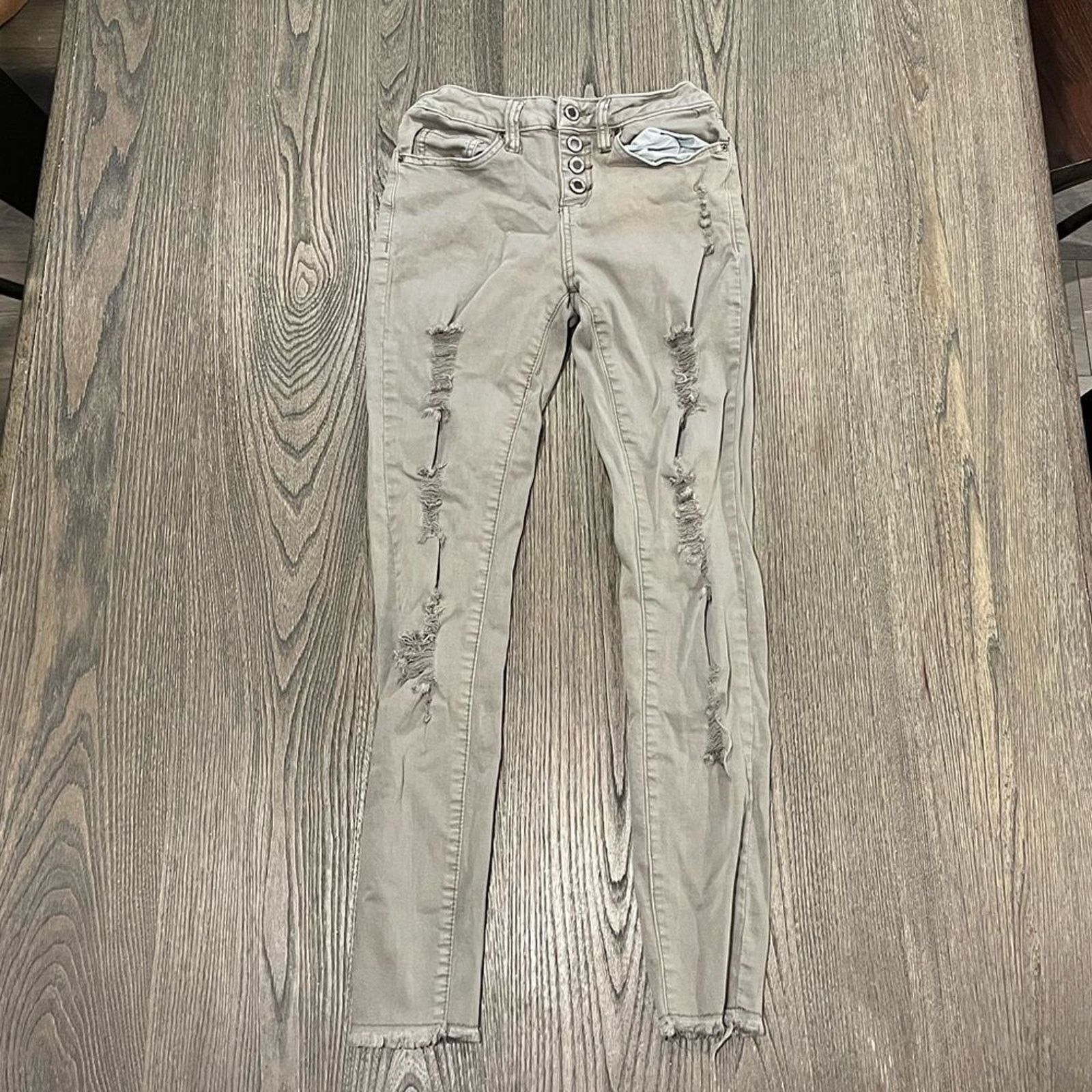 Vintage AngelKiss Olive Green Skinny Leg Distressed Jeans Size 3 Size 23" - 1 Thumbnail