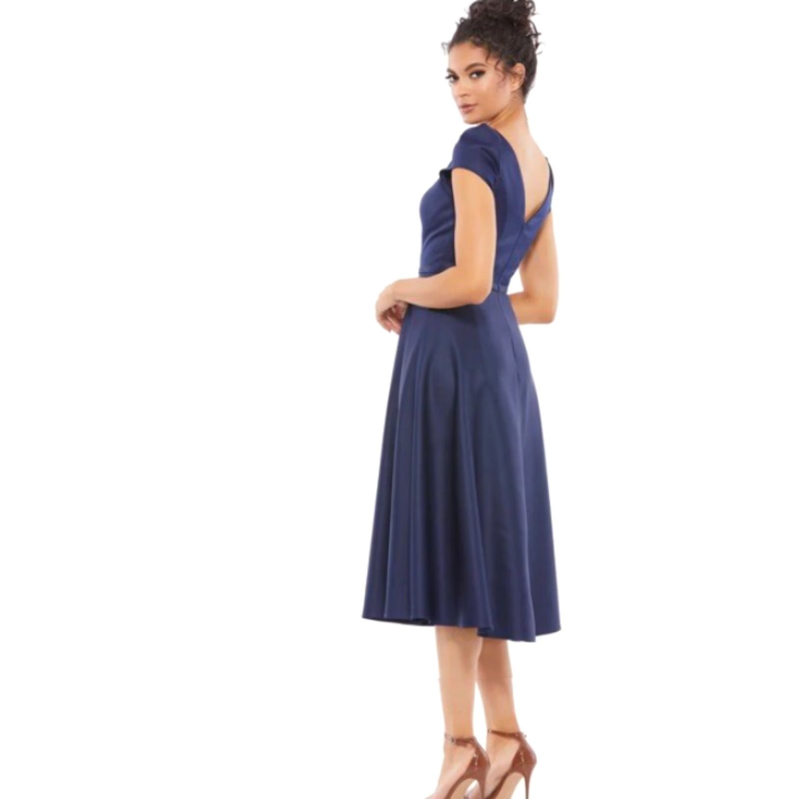 Mac Duggal VINTAGE Mac Duggal Satin Puff Shoulder Tea Length Dress Plus Size 18 Navy Blue Women's Cocktail Wedding Size XXL / US 16-18 / IT 52-54 - 3 Thumbnail