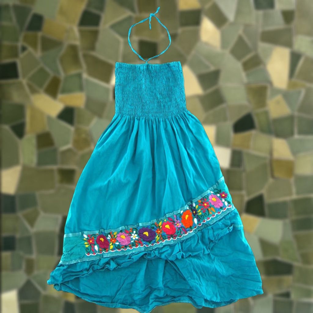 Vintage VTG Cotton Embroidered Floral Teal Blue Pink Midi Halter Tank Sun Dress XS-S - Women - Dress Size XS / US 0-2 / IT 36-38 - 1 Thumbnail
