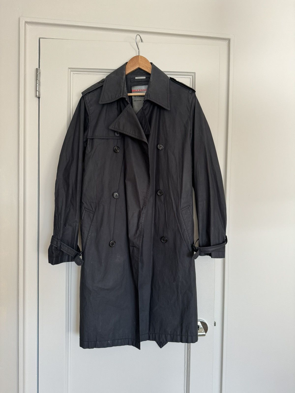 image of Prada Waxed Cotton Trench in Dark Charcoal, Men's (Size Small)