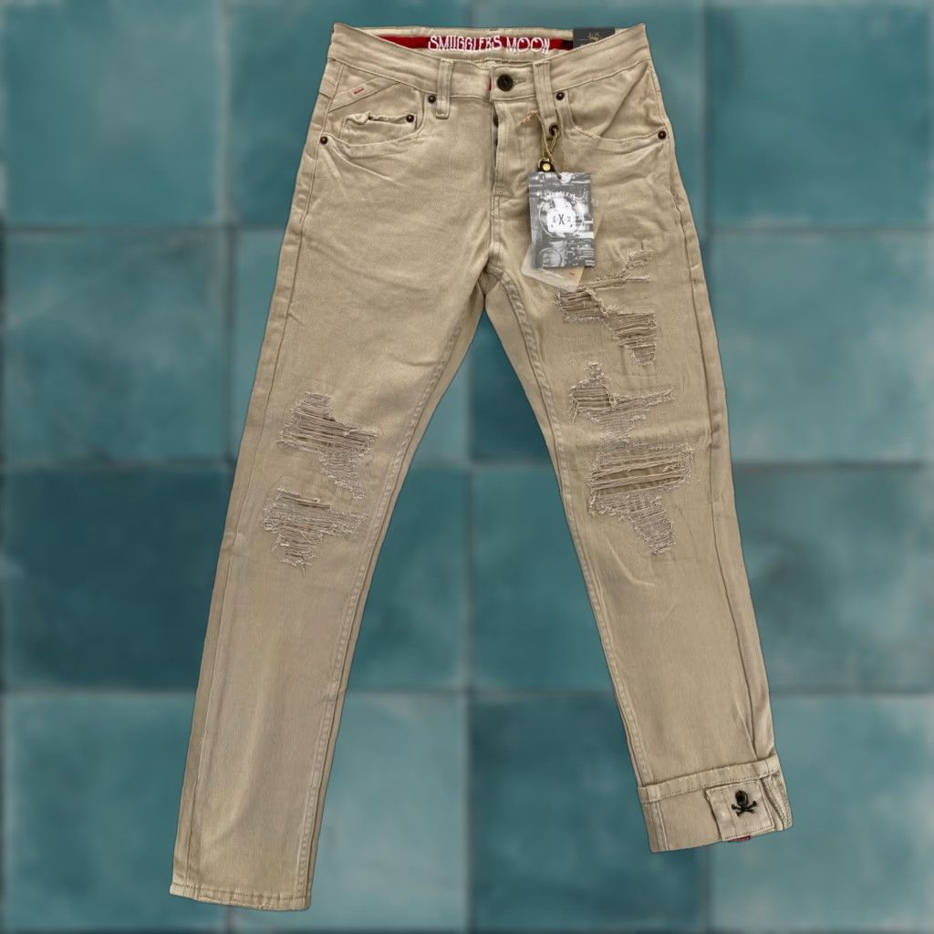 Smugglers Moon Jeans Mens 30x31 Khaki Beige Denim Button Fly Roll Up Distressed