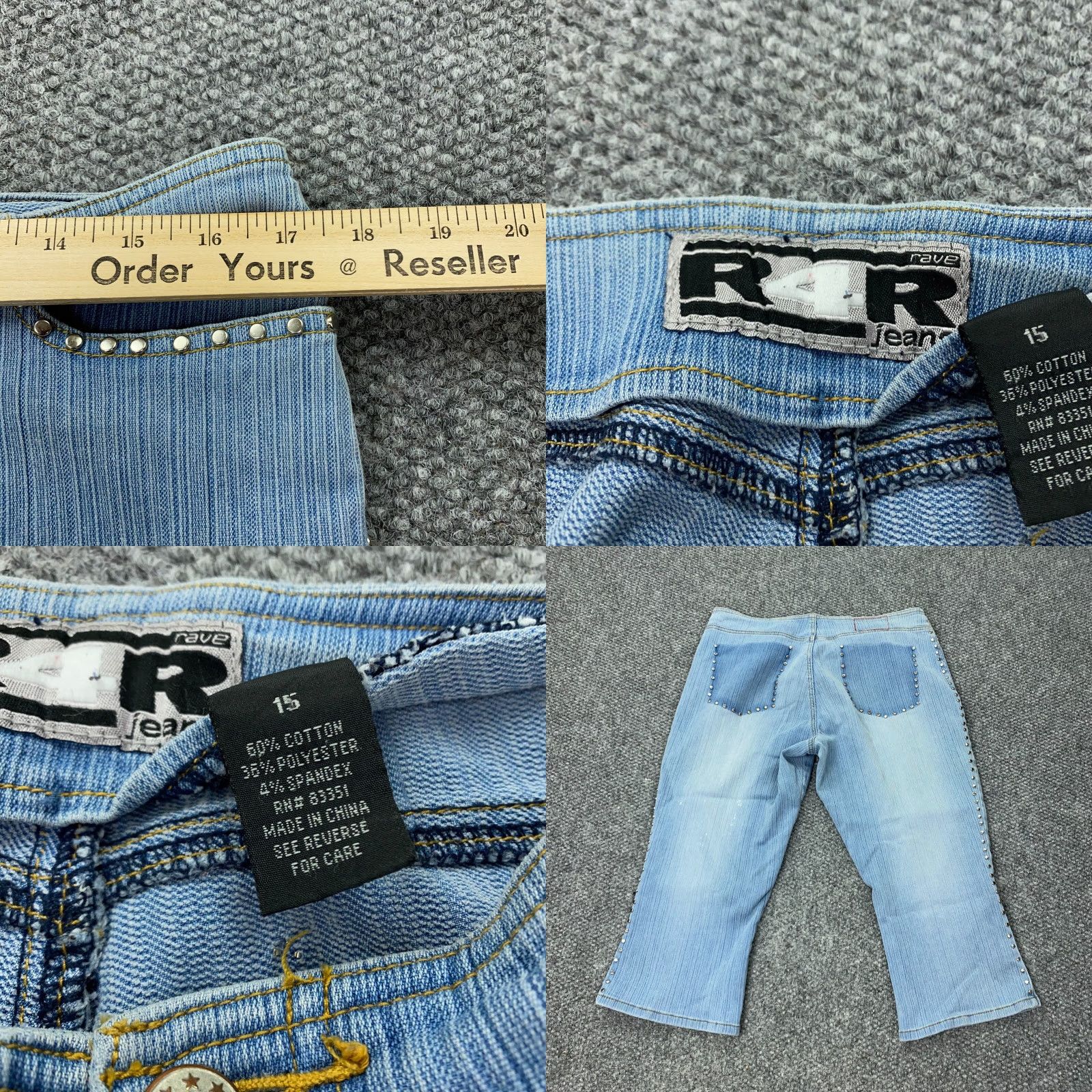 Vintage VTG R4R Rave 4 Real Capri Jeans Womens 15 Blue Stretch Mid-Rise Faded Studded Jeans Size 34" / US 12 / IT 48 - 9 Thumbnail