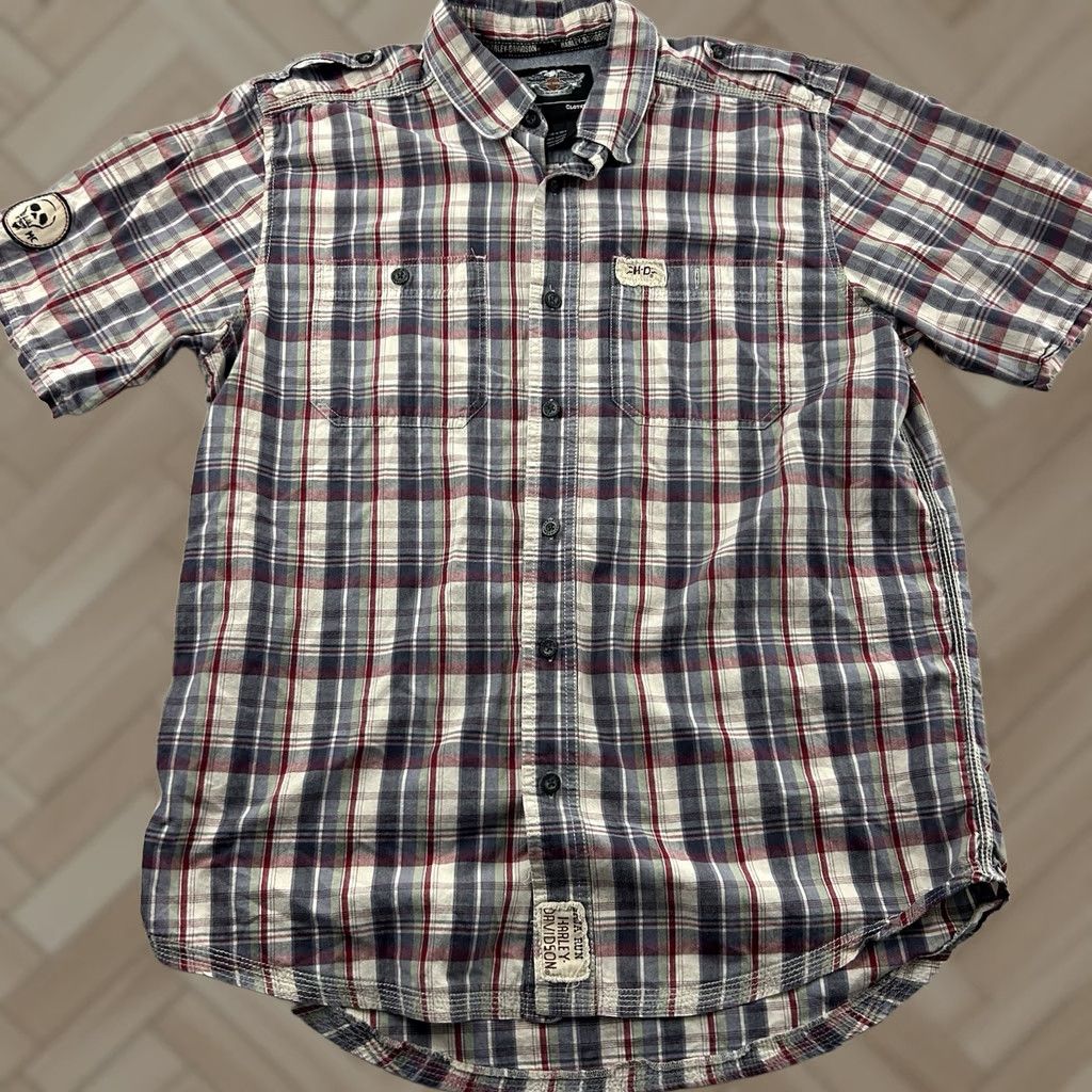 Harley Davidson Harley-Davidson Short Sleeve Plaid Button-Up Shirt Mens L Blue Gray Red White Pocketed) Size US L / EU 52-54 / 3 - 1 Thumbnail