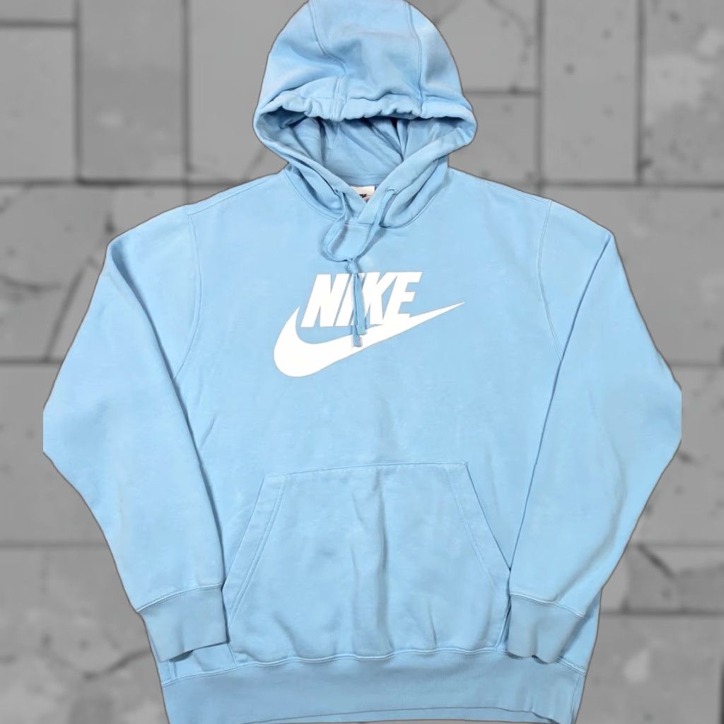 Nike Sportswear Club Fleece L Hoodie Big Spell Out Logo Heather Blue Drawstring Mens L Hoodie