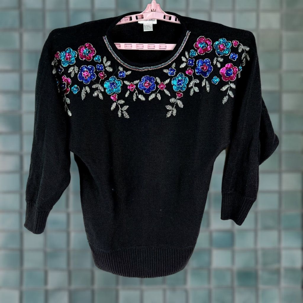 Vintage Victoria Jones Womens Sweater Black Floral Knit Pullover Crew Neck Long Sleeve Size M Size M / US 6-8 / IT 42-44 - 1 Thumbnail